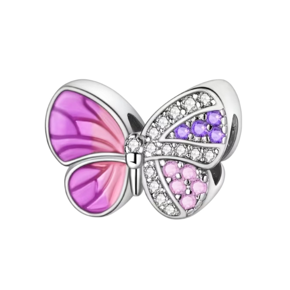 Silver Rhinestone Enameled Butterfly Charm Pandora Style